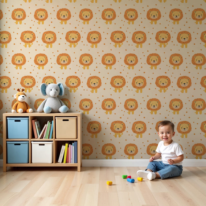Papel de parede criança com padrões | Leões sorridentes em fundo pastel