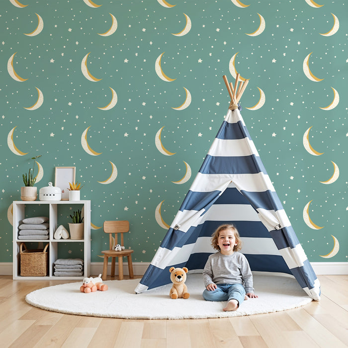 Kids room wallpaper with patterns | Golden moon and stars on a turquoise background