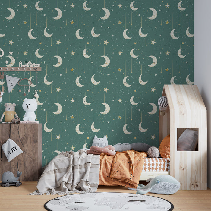 Papier peint chambre enfant à motifs | Lune et étoiles dorées sur fond vert