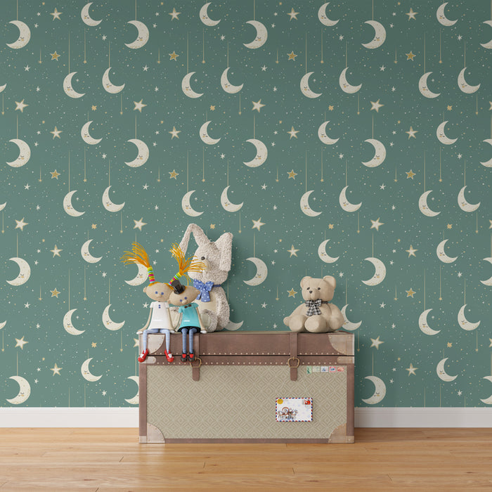Papier peint chambre enfant à motifs | Lune et étoiles dorées sur fond vert