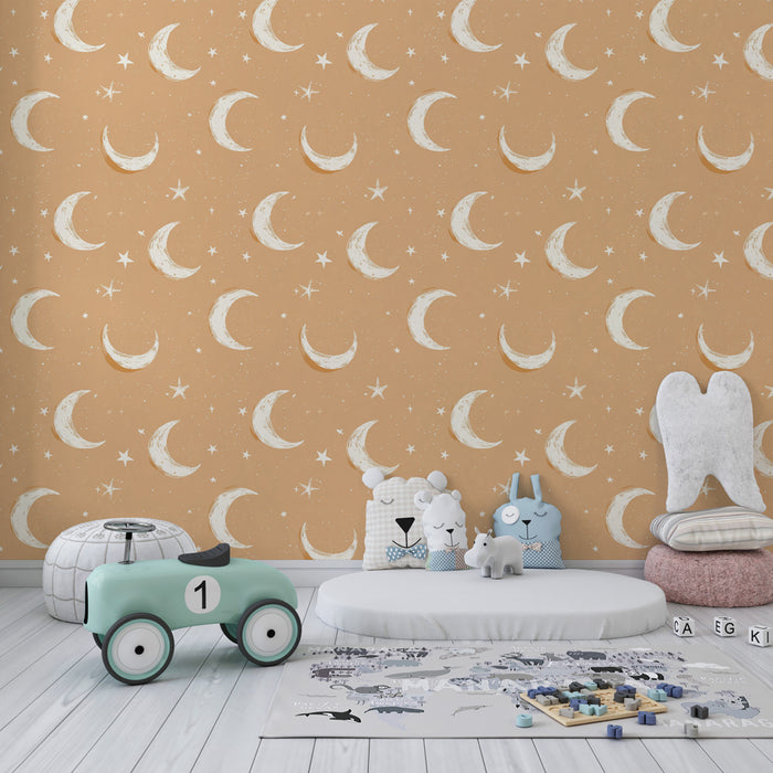 Papier peint chambre enfant à motifs | Lune et étoiles sur fond à motifs doux