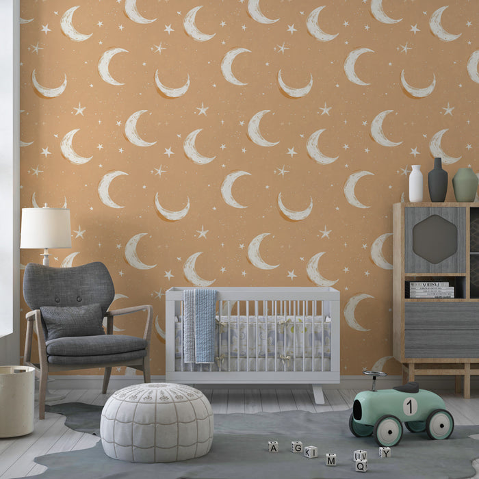 Papier peint chambre enfant à motifs | Lune et étoiles sur fond à motifs doux