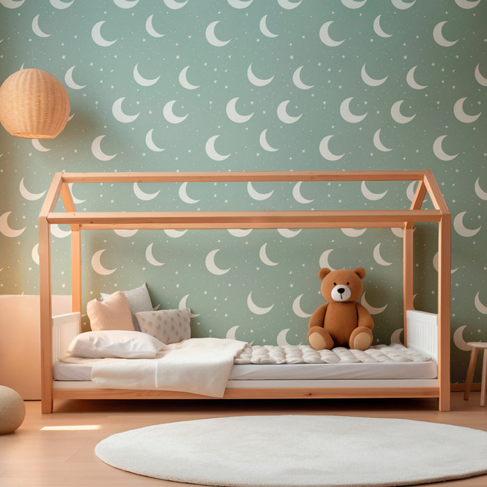 Papier peint chambre enfant à motifs | Lune et étoiles sur fond vert pâle