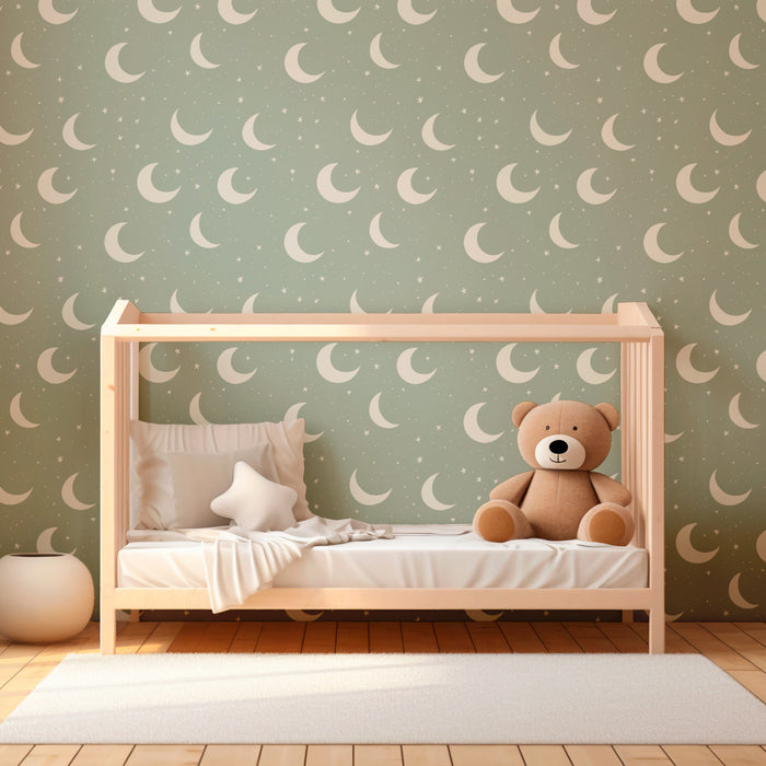 Papier peint chambre enfant à motifs | Lune et étoiles sur fond vert pâle