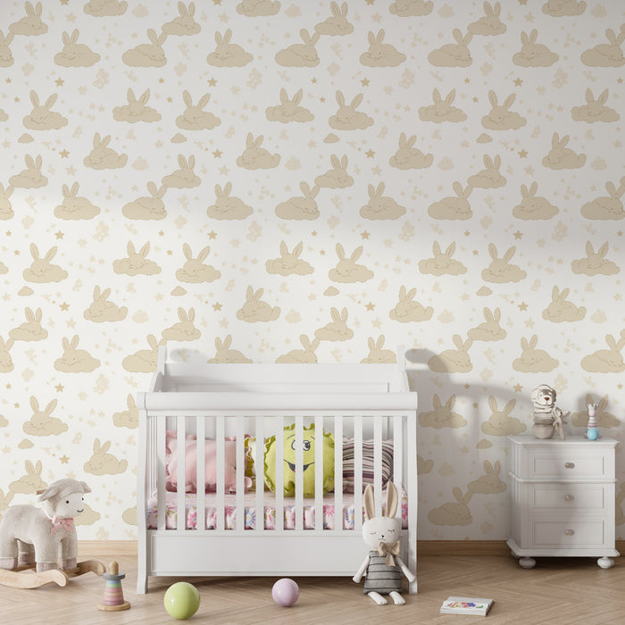 Papier peint chambre enfant à motifs | Mignons lapins sur des nuages doux