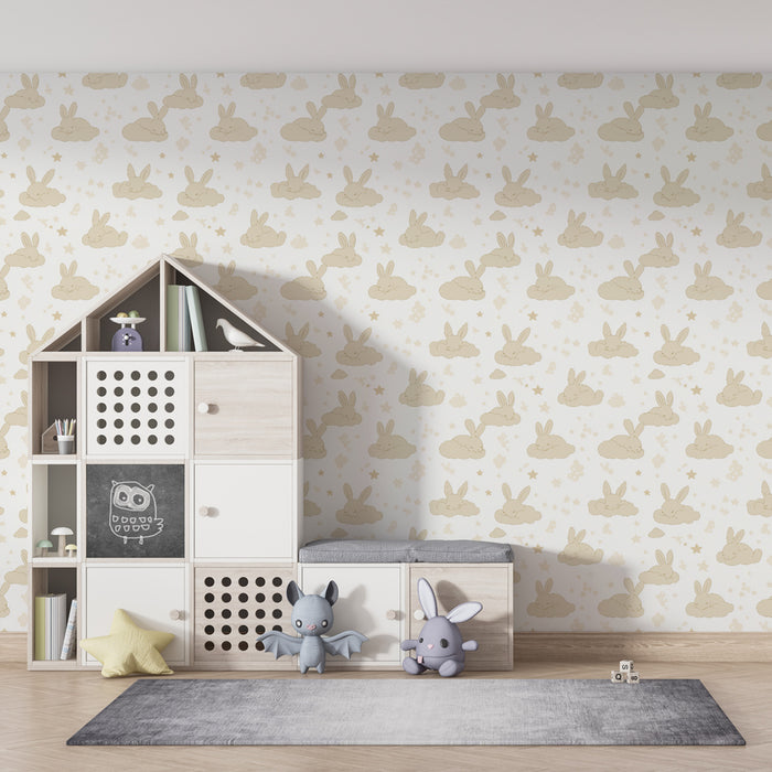 Papier peint chambre enfant à motifs | Mignons lapins sur des nuages doux