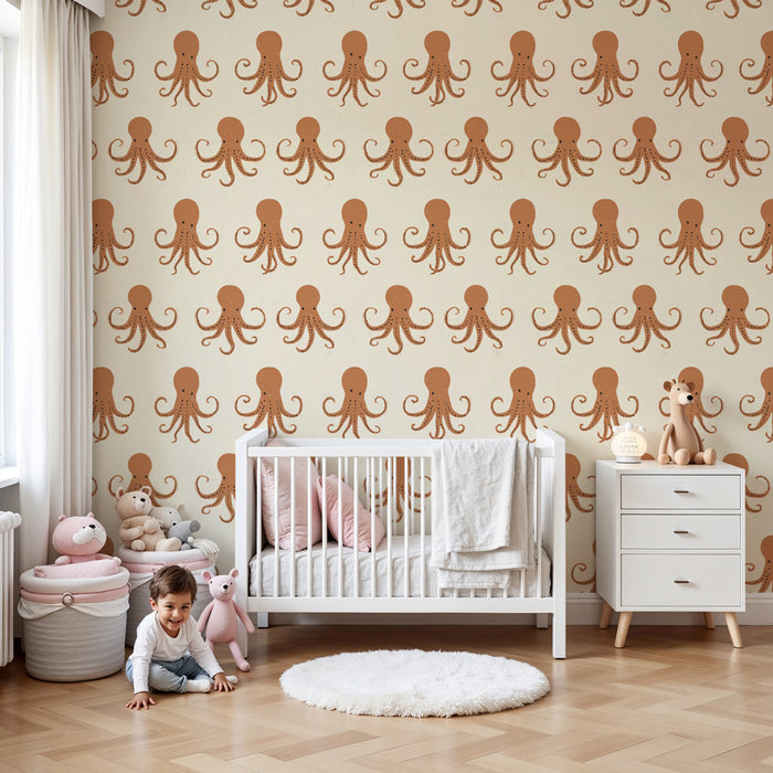 Kids room wallpaper with patterns | Fun octopus motif on a cream background