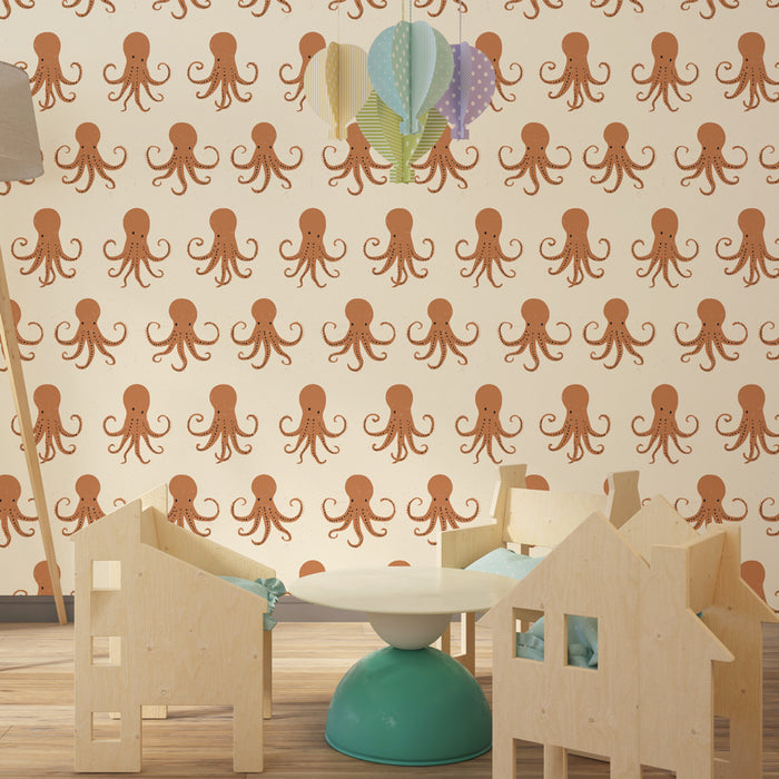 Kids room wallpaper with patterns | Fun octopus motif on cream background
