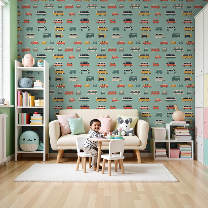 Kids room wallpaper with patterns | Colorful car patterns on a pastel background