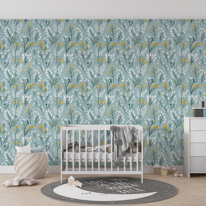 Kinderzimmer Tapete mit Mustern | Zarte Blumenmuster auf blauem Hintergrund