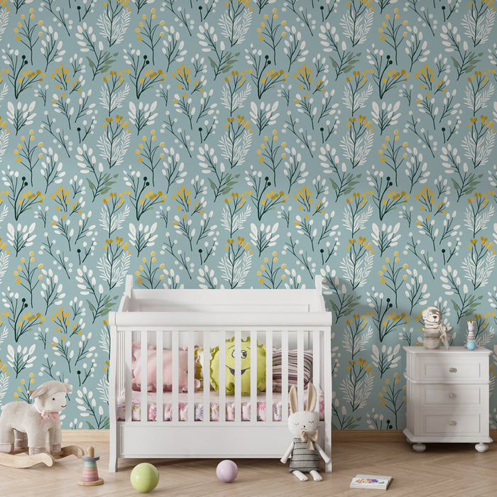 Kinderzimmer Tapete mit Mustern | Zarte Blumenmuster auf blauem Hintergrund