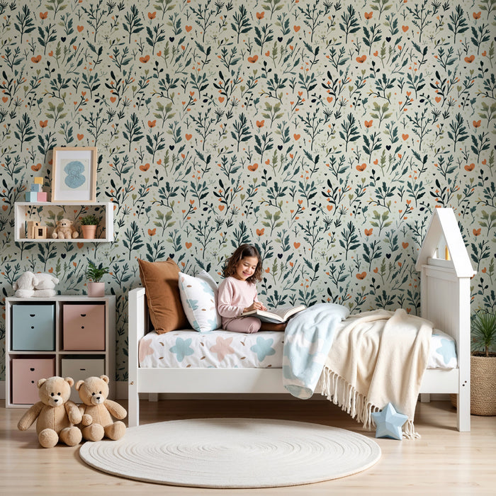 Kids room wallpaper with patterns | Delicate floral patterns on light background