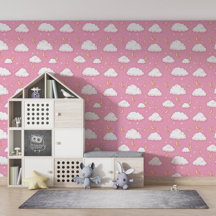 Kids room wallpaper with patterns | Soft clouds and crescent moons on a pink background