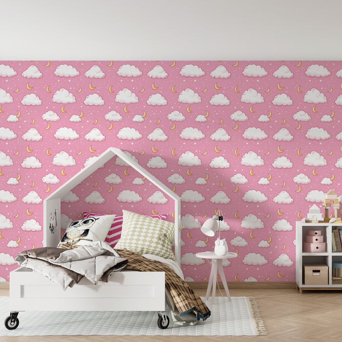 Kids room wallpaper with patterns | Soft clouds and crescent moons on a pink background
