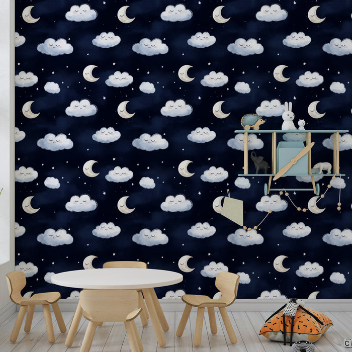 Kids room wallpaper with patterns | Soft clouds and sleeping moons