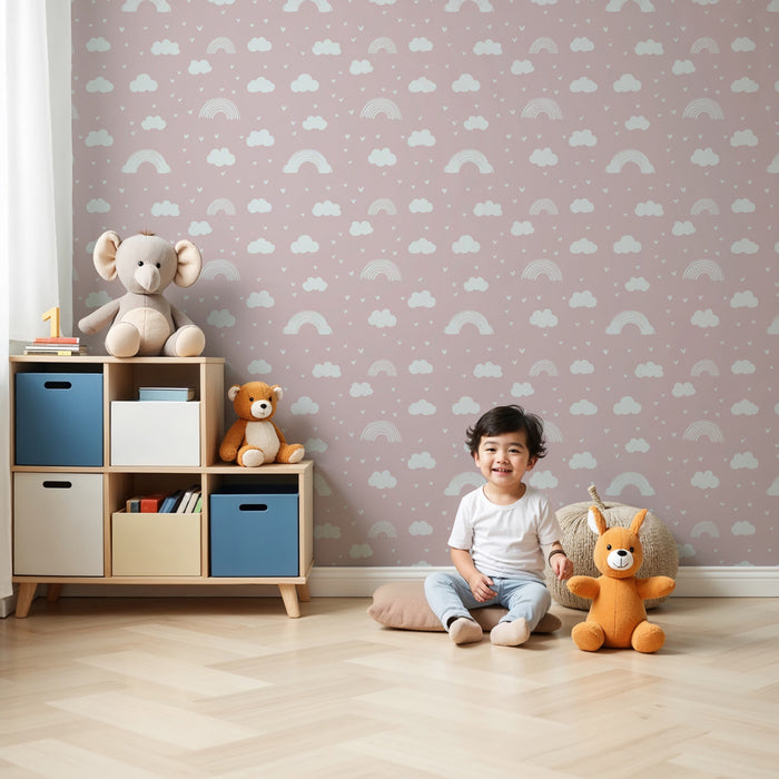 Kinderzimmer Tapete mit Motiven | Wolken und Regenbogen auf rosa Hintergrund