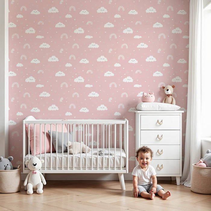 Papel pintado infantil con motivos | Nubes y arcoíris sobre fondo rosa