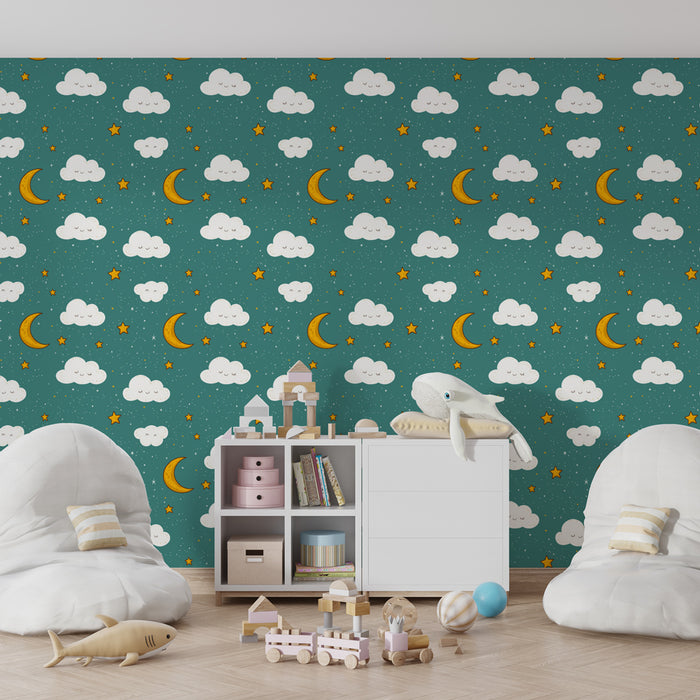 Kids room wallpaper with patterns | Clouds and stars in a peaceful sky