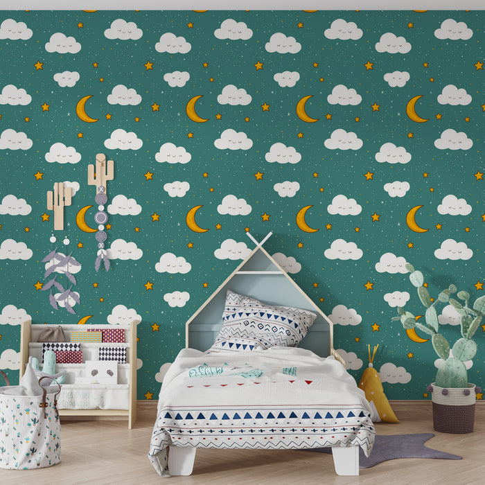 Kids room wallpaper with patterns | Clouds and stars in a peaceful sky