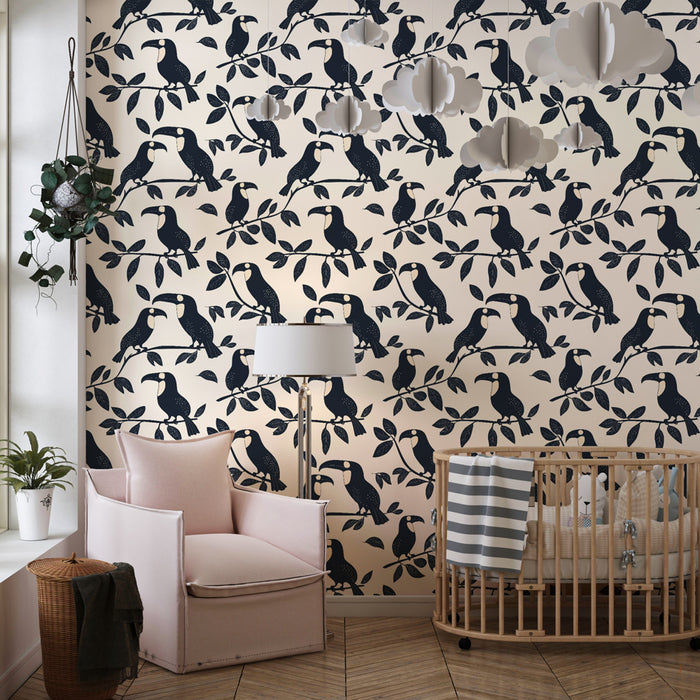Kinderkamer behang met motieven | Kleurrijke vogels op bladerrijke takken