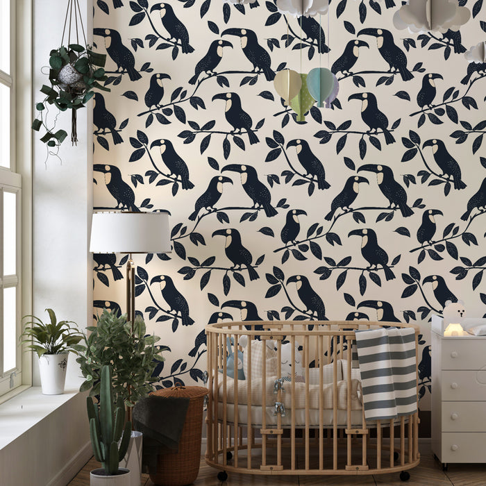 Kinderkamer behang met motieven | Kleurrijke vogels op bladerrijke takken