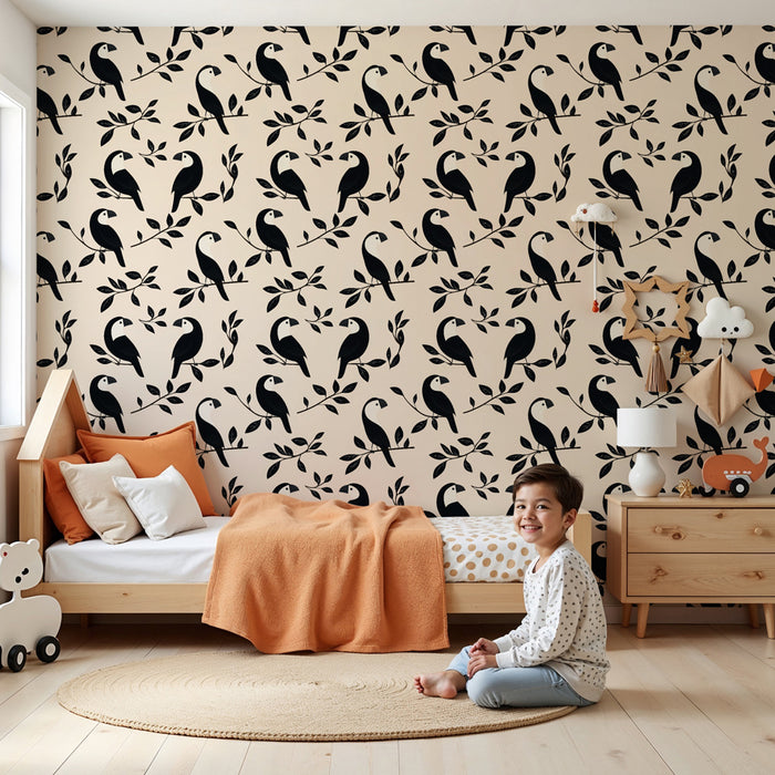 Kids room wallpaper with patterns | Stylized birds on a beige background