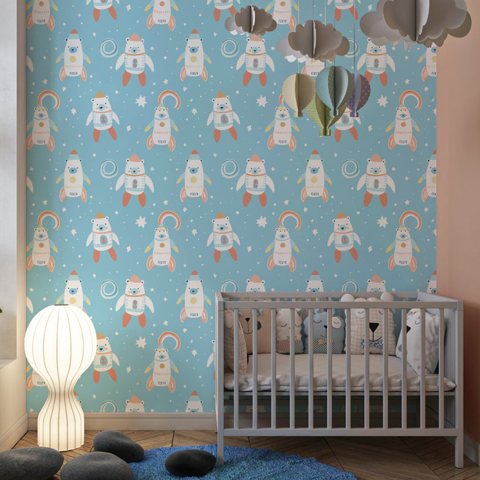 Kinderkamer behang met patronen | Ruimteberen op een blauwe achtergrond