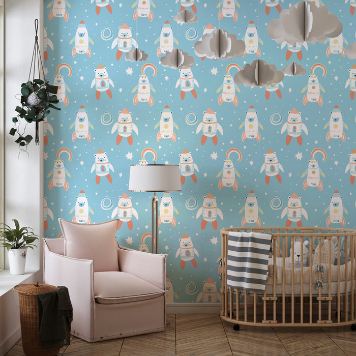 Kinderkamer behang met patronen | Ruimteberen op een blauwe achtergrond