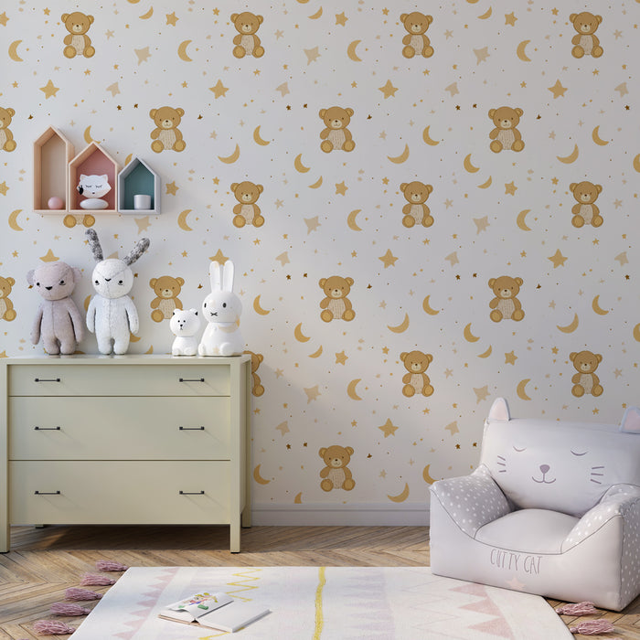 Papier peint chambre enfant à motifs | Oursons câlins et étoiles dorées