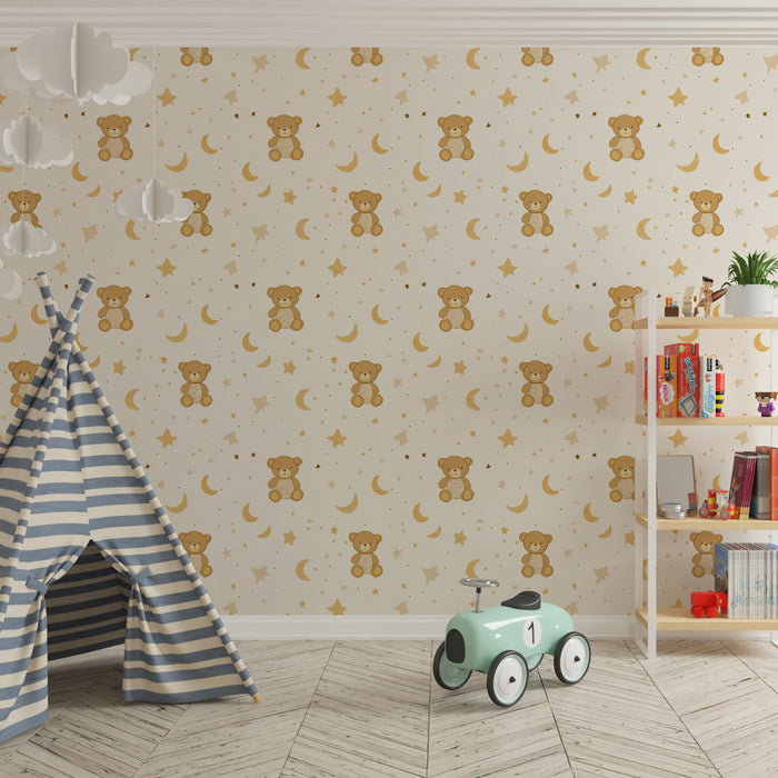 Papier peint chambre enfant à motifs | Oursons câlins et étoiles dorées