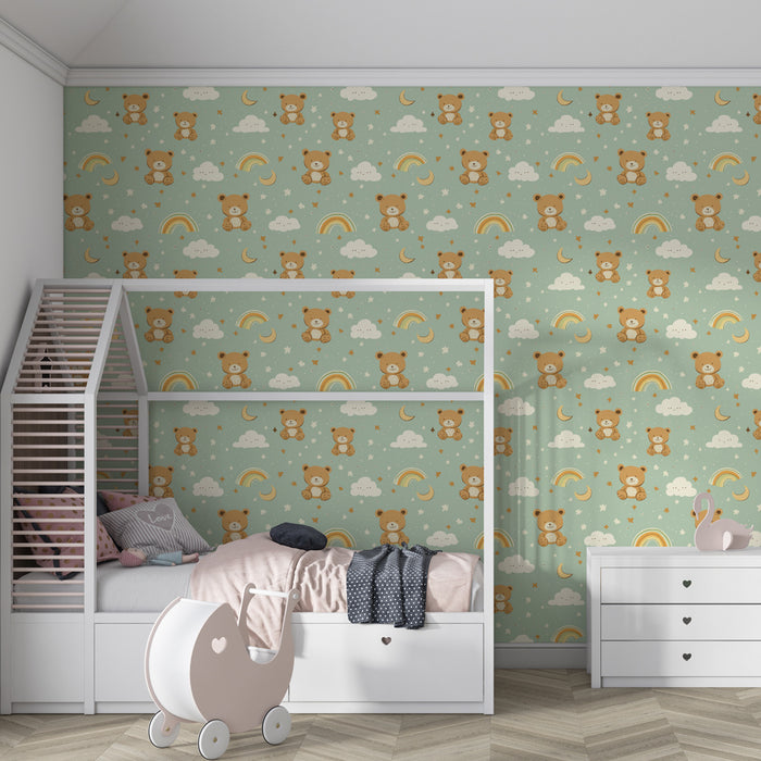 Papier peint chambre enfant à motifs | Oursons joyeux sous les nuages