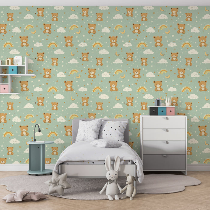 Papier peint chambre enfant à motifs | Oursons joyeux sous les nuages