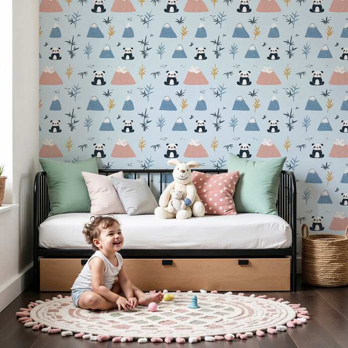 Kinderzimmer Tapete mit Mustern | Niedliche Pandas und bunte Berge