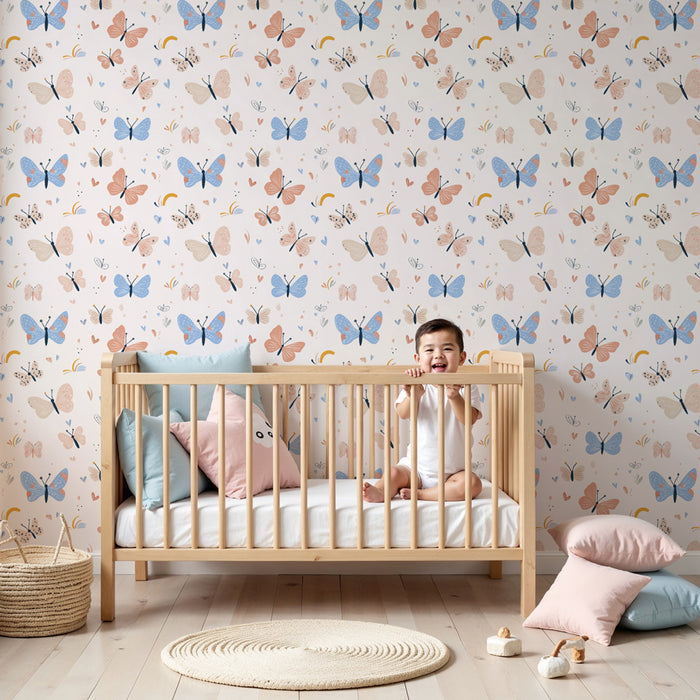 Kids room wallpaper with patterns | Colorful butterflies on a soft background