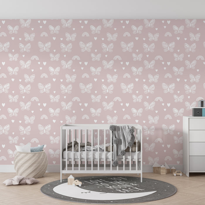 Papel de parede criança com padrões | Borboletas delicadas e arco-íris em fundo rosa