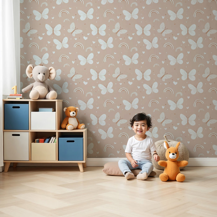 Papier peint chambre enfant à motifs | Papillons délicats et arcs-en-ciel sur un fond doux