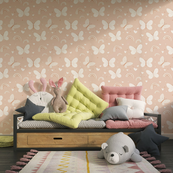 Kinderkamer behang met motieven | Delicate vlinders en regenbogen op een zachte achtergrond