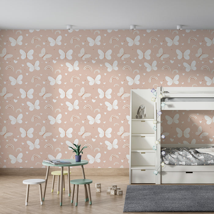Kinderkamer behang met motieven | Delicate vlinders en regenbogen op een zachte achtergrond