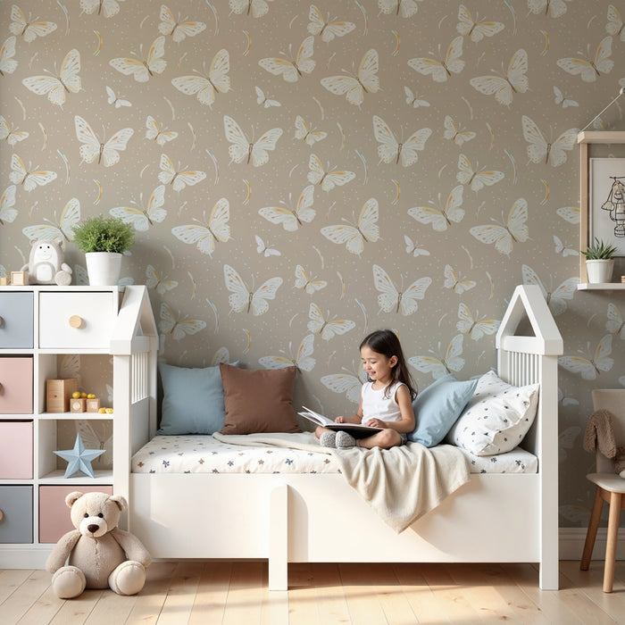 Kids room wallpaper with patterns | Delicate butterflies on a beige background
