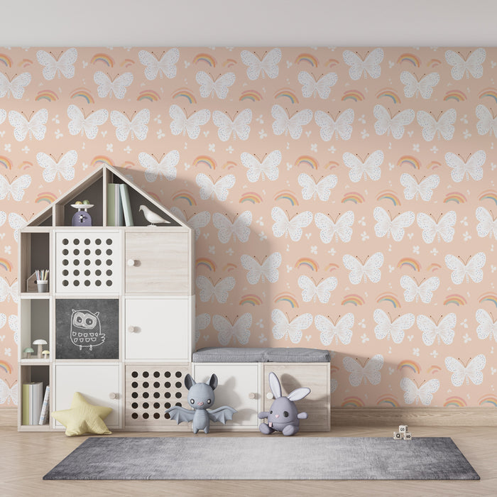 Papel de parede criança com padrões | Borboletas e arco-íris em fundo cor-de-rosa
