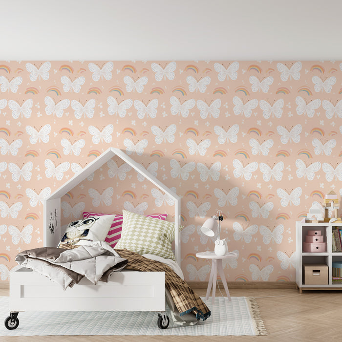 Papel de parede criança com padrões | Borboletas e arco-íris em fundo cor-de-rosa