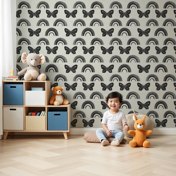 Kids room wallpaper with patterns | Butterflies and pretty rainbows