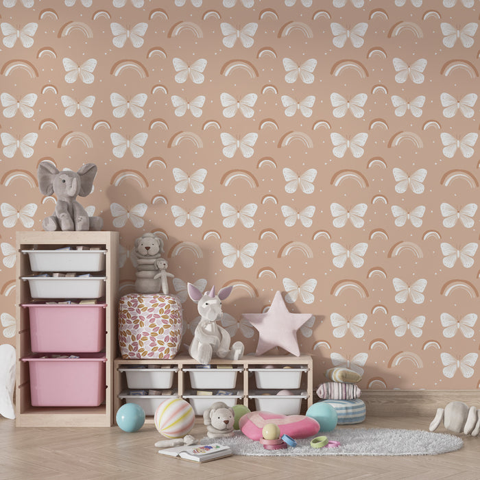 Papel de parede criança com padrões | Borboletas e arco-íris em fundo rosa suave