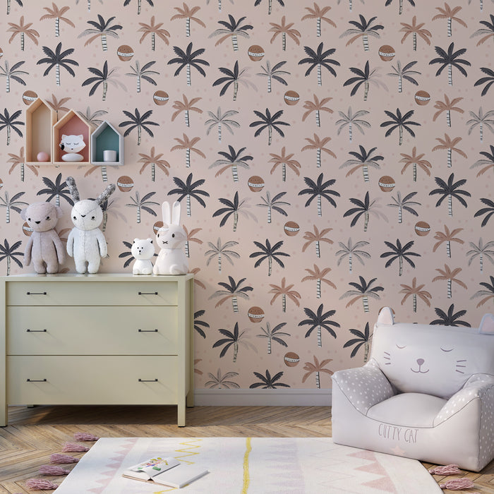 Papel de parede criança com padrões | Palmeira de coco em fundo suave pastel