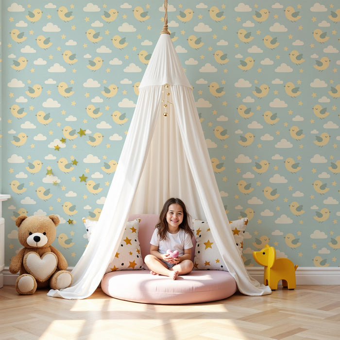 Kids room wallpaper with patterns | Little birds in the sky