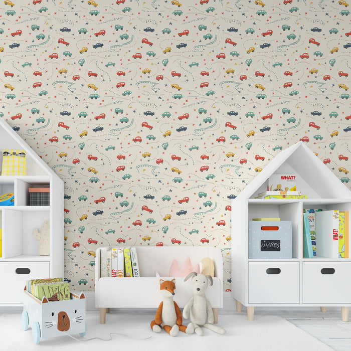 Papier peint chambre enfant à motifs | Petits véhicules colorés et motifs ludiques