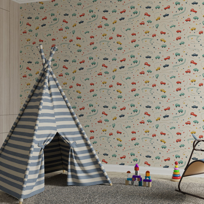 Papier peint chambre enfant à motifs | Petits véhicules colorés et motifs ludiques