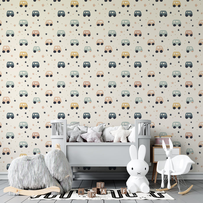 Papier peint chambre enfant à motifs | Petits véhicules colorés sur fond doux