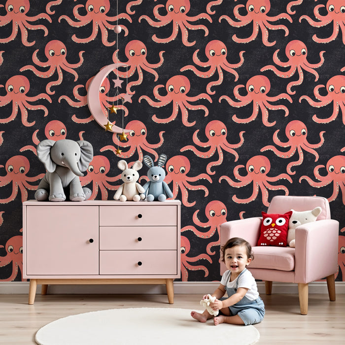 Kids room wallpaper with patterns | Fun octopuses on a dark background