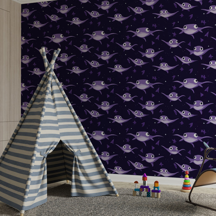 Kids room wallpaper with patterns | Cute fishes on starry purple background